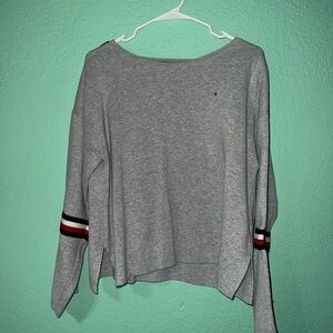 Tommy Hilfiger Light Gray Crewneck Sweatshirt with Red-White-Blue Sleeve Stripes